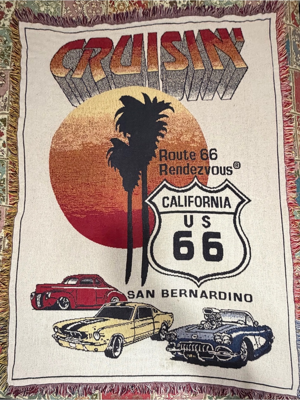 Vintage Route 66 Rendezvous San Bernardino Woven Tapestry Blanket 100% Cotton US